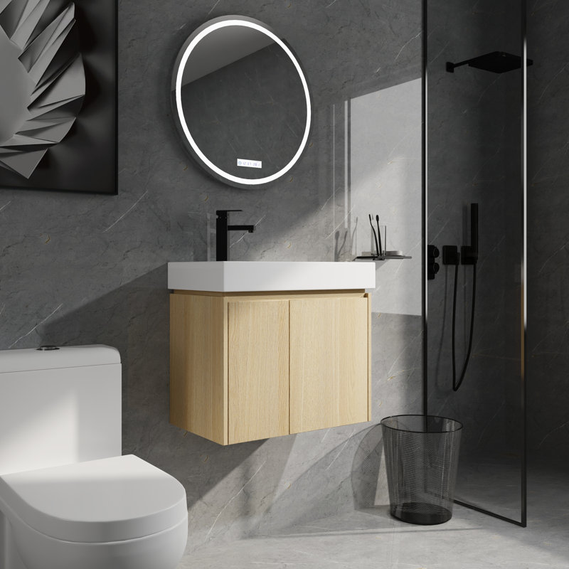 Meuble-lavabo flottant 24 po, lavabo moderne avec lavabo en céramique et armoire en bois 24 po, Naturel