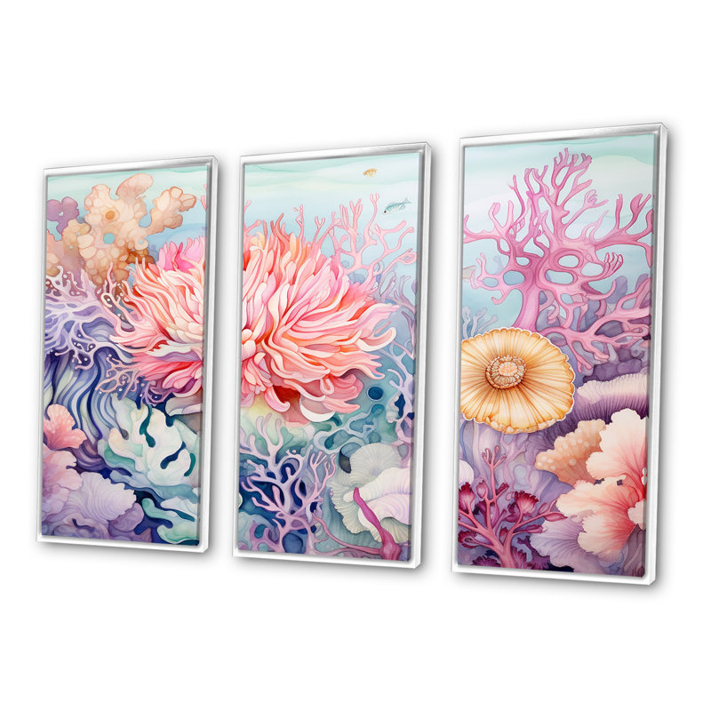 «Colorful Coral Reef Heaven I» - ensemble d'art sur toile corail sous l'eau, Cadre flottant blanc, H 32 po x l 48 po x P 1 po