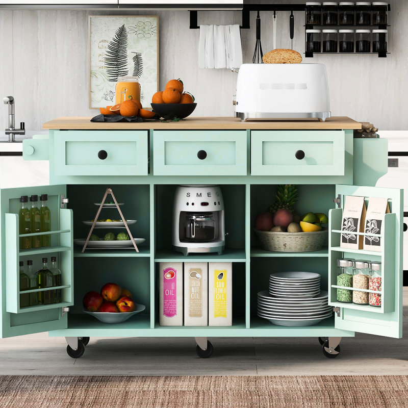 Îlot de cuisine roulant avec serviette et épices, plateau de rangement pour chariot à menthe, comptoir en bois d'hévéa, 5 roulettes, 3 tiroirs, tablette réglable