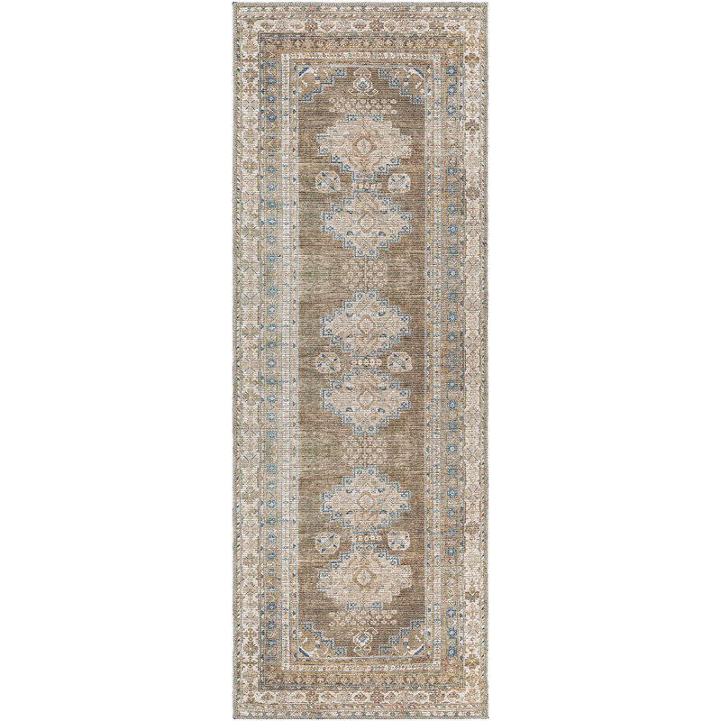 Amneris Machine Washable Traditionnal Boho Brown Runner Rug, Runner 80 x 220cm