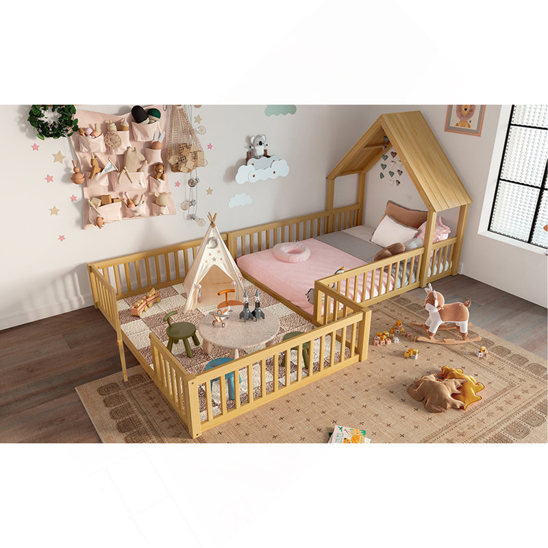 Lit maison, lit double avec porte et garde-corps pleine longueur, conception multifonctionnelle, Lit double, Naturel