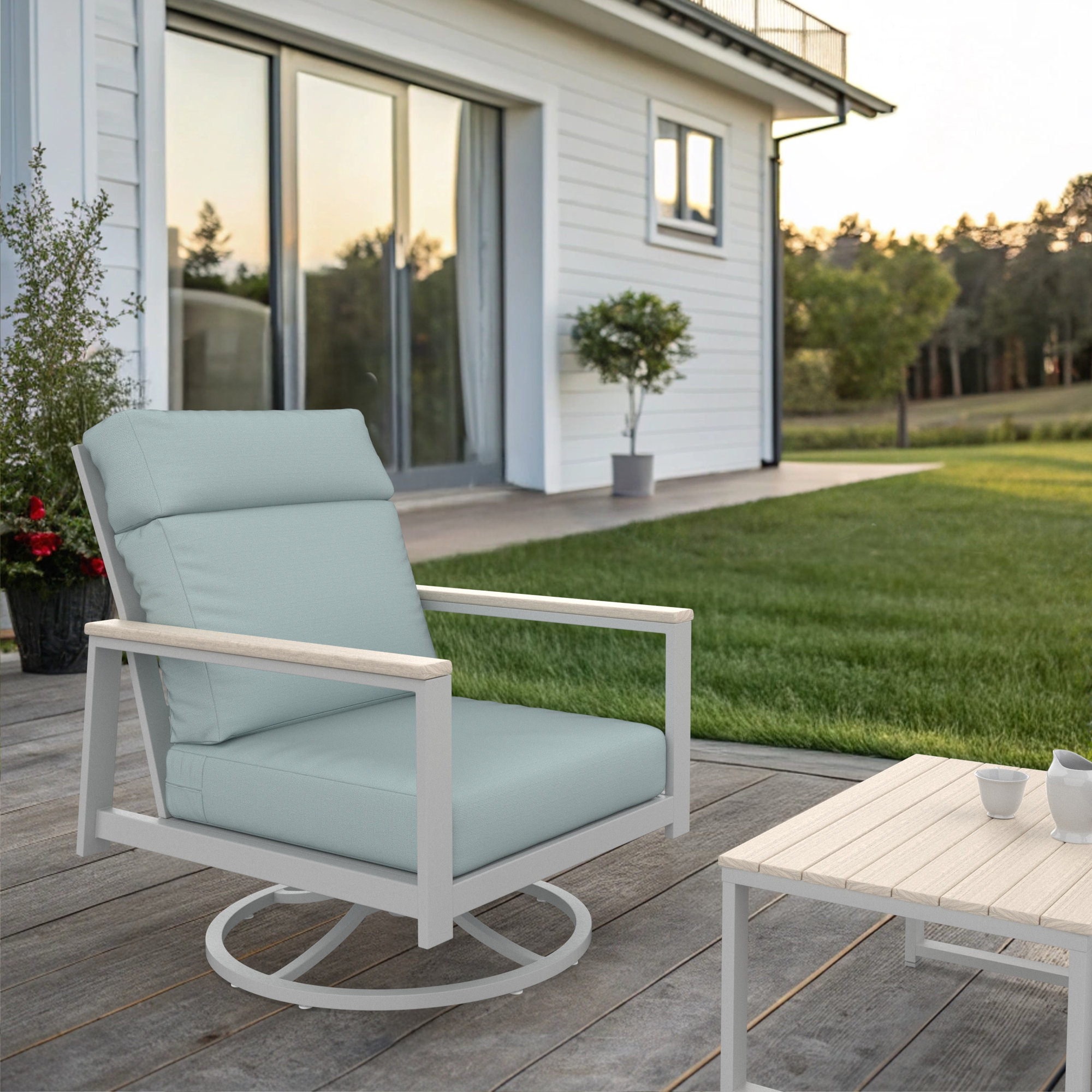Townsend Metal Outdoor Rocking Chair With Sunbrella Cushion, White, Bliss Dew
