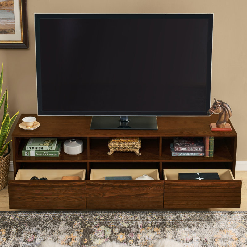 63" Mid-Century Modern TV Stand For Tvs Up To 75", Thick Sturdy Farmhouse Entertainment Cabinet, Media Console For Living Room, Louver Design & Solid Wood Drawers & Outlet Holes, Walnut