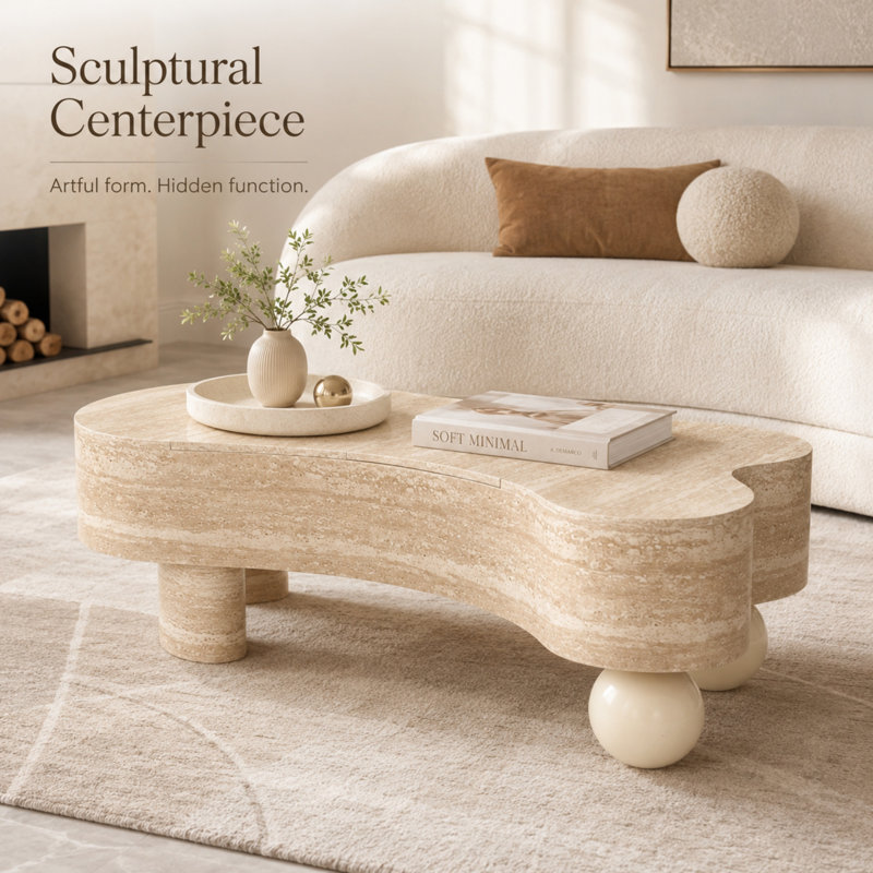 Table basse à plateau relevable irrégulier avec rangement caché et pieds sculpturaux Caston, Beige