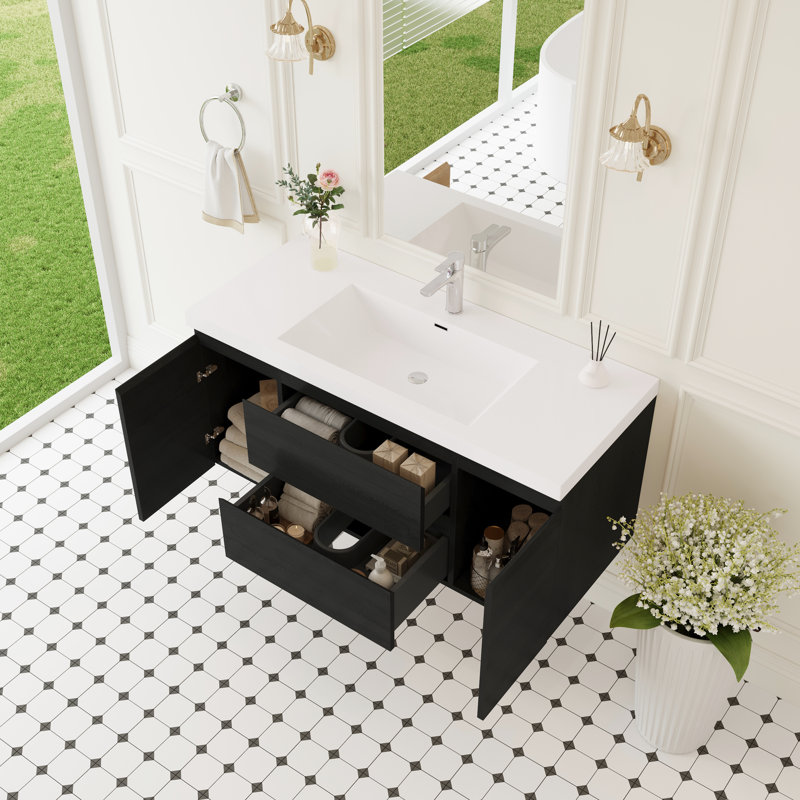 Meuble-lavabo mural de 48 po avec lavabo, bois, entièrement assemblé, comptoir en résine, dossier ouvert pour faciliter la plomberie