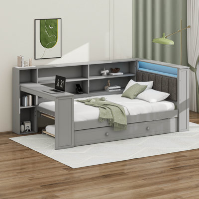 Wood Twin Size Platform Bed With Storage Shelves, Trundle, Charging Station, LED, Desk And Upholstered Headboard