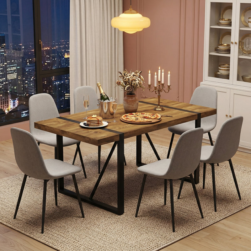 7-Piece Modern industrial Rectangular Wood Dining Set with Upholstered Chairs, 7 Pieces: Table, 6 Chairs, Light Gray