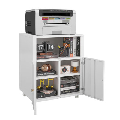 Support pour imprimante et classeur en métal robuste avec 2 portes - Tablette réglable - Rangement mobile sous le bureau pour dossiers de format lettre / légal / A4 - 4 compartiments, blanc