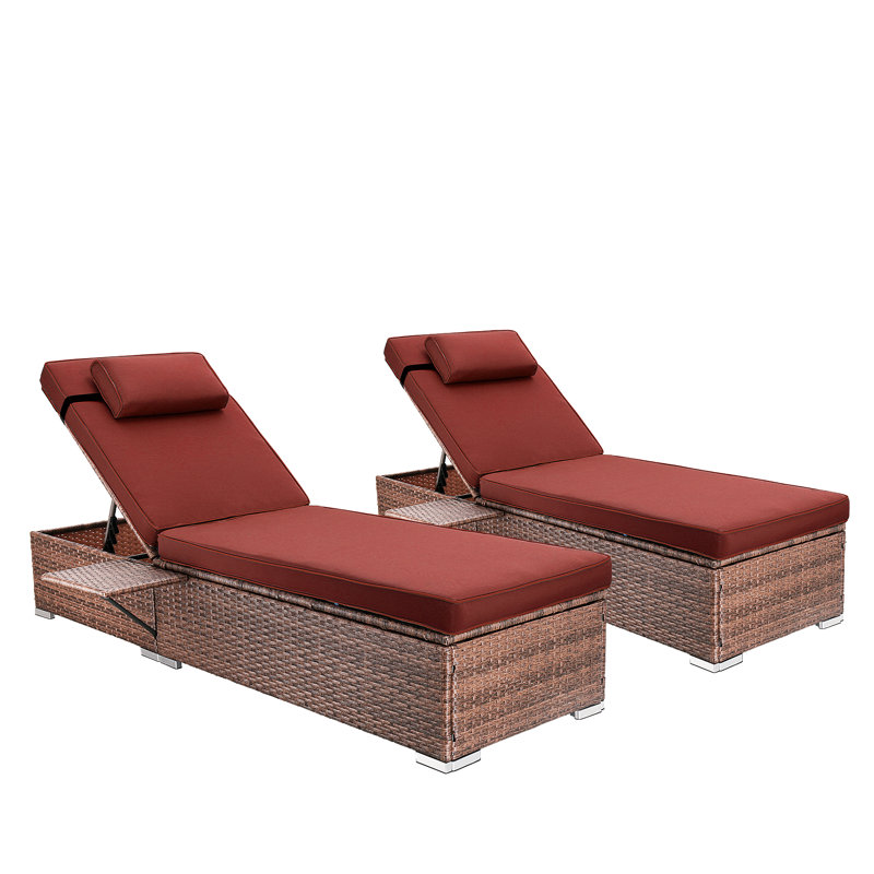 Outdoor Wicker Chaise Lounge Set Patio Reclining Chaise With Side Table And Cushions, Red