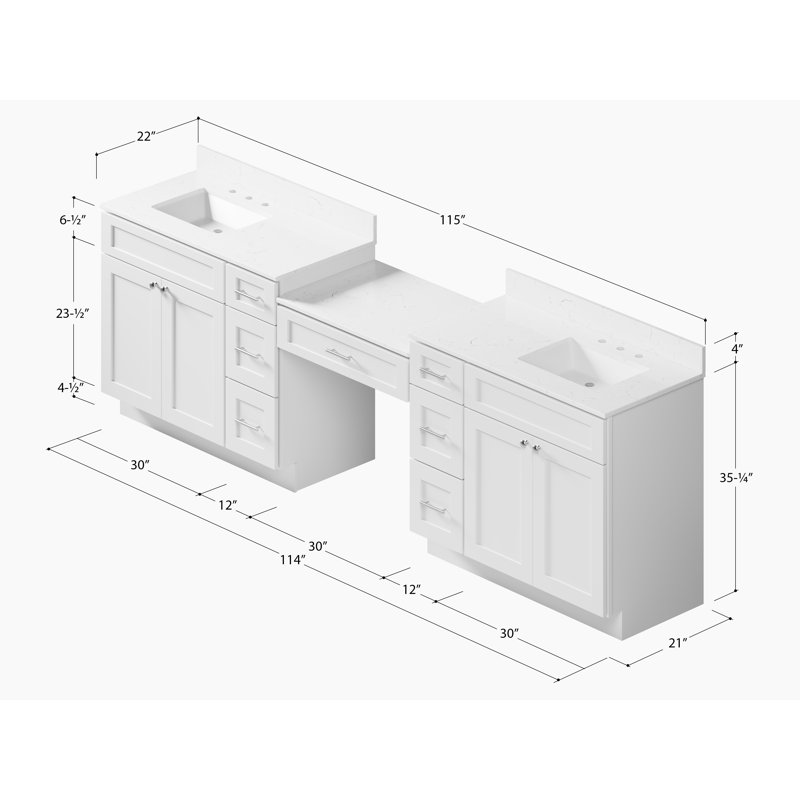 Ensemble de meuble-lavabo double 114 po avec comptoir en bois massif de tiroir Carrar Disar, Blanc