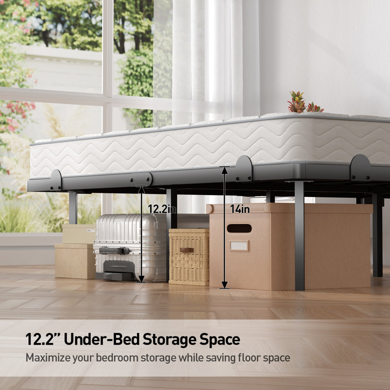 14" Queen Size Floating Bed Frame with Headboard, LED Lights and Charging Station, No Boxspring Needed, Queen