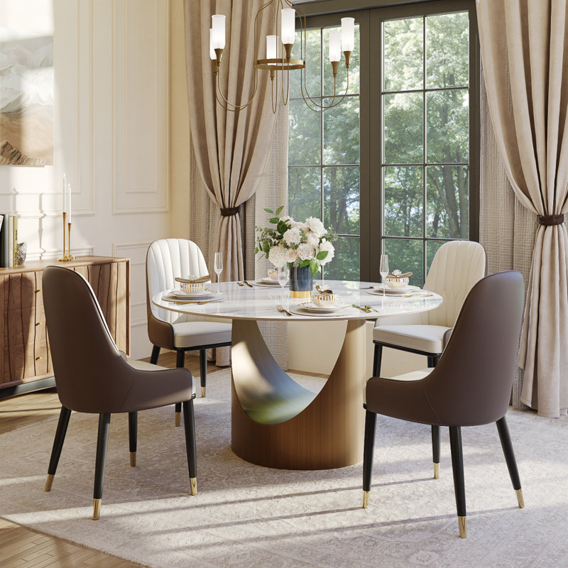 5-Piece Modern Round Dining Table Set For 4, Glossy Sintered Stone Tabletop Kitchen Dining Table Set With PU Upholstered Chairs