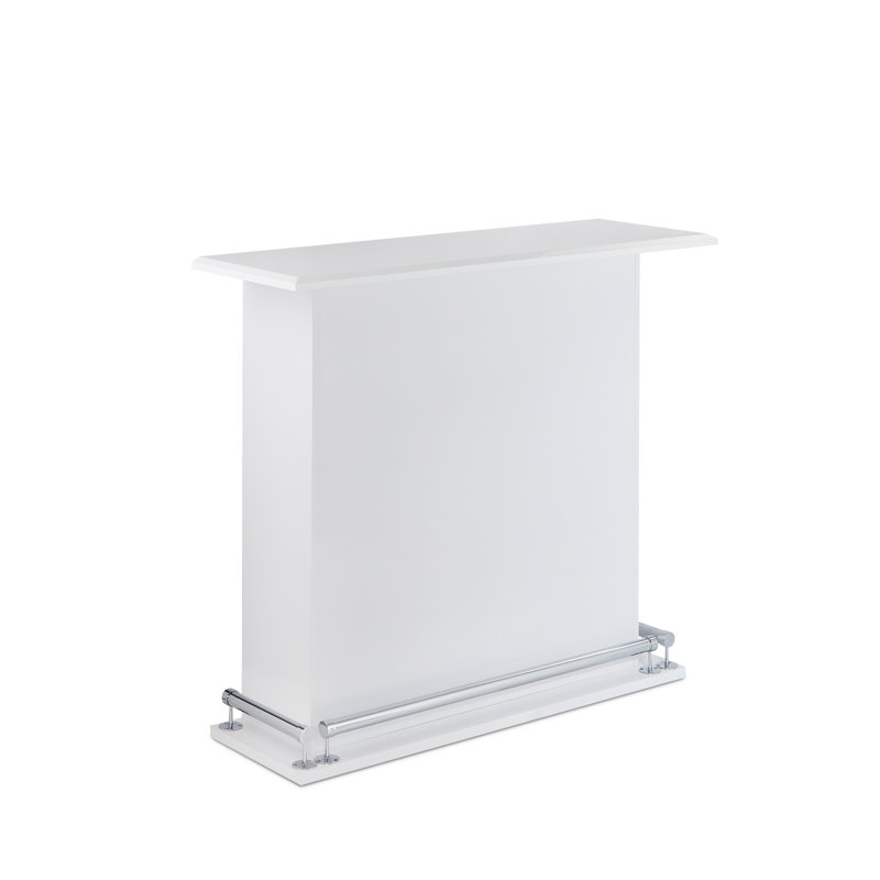 Table de bar cerf-volant à finition blanche brillante avec 6 rangements fixes, structure en bois, repose-pieds en métal, capacité de 100 lb, 47 po de largeur, 41 po de hauteur, rangement à l'arrière, base et repose-pieds