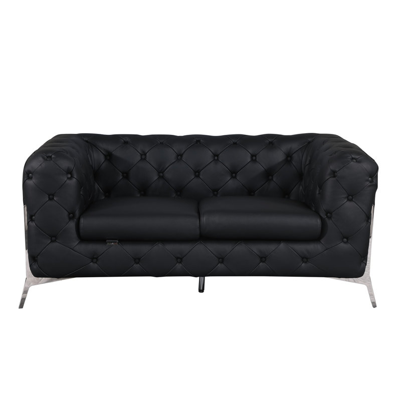 Ehrika Top Grain Italian Leather Loveseat, Silver, Black