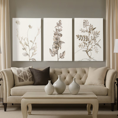 Neutral Botanical Study IV - Toile tendue sur mesure avec châssis - 3 pièces