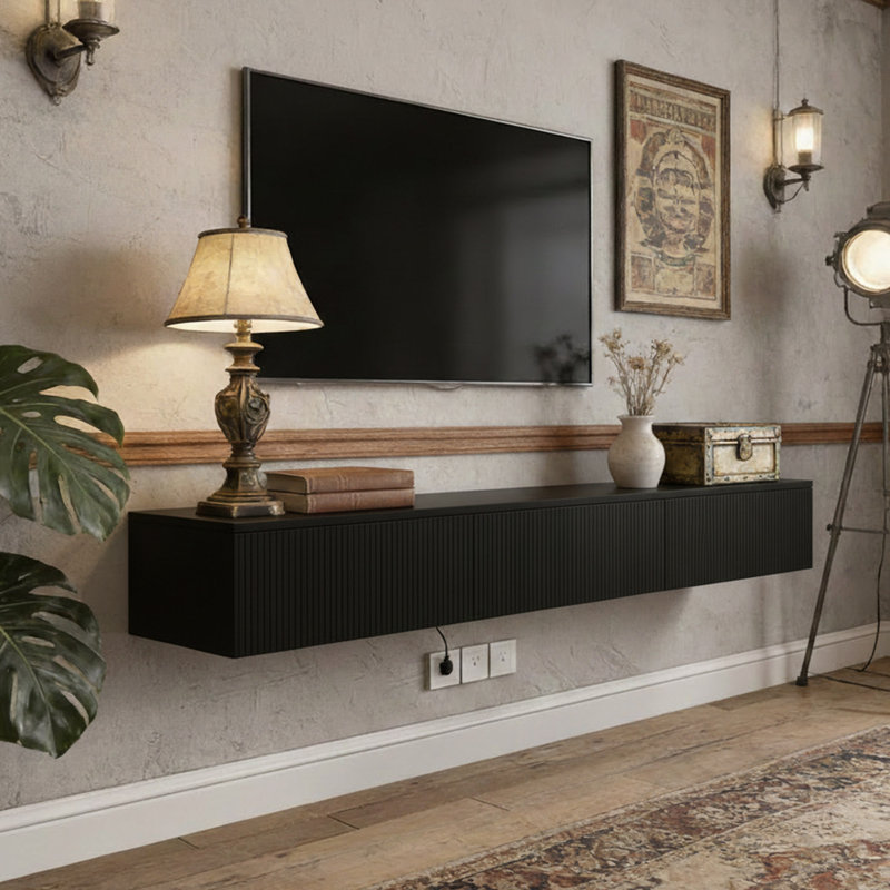 Meuble télé flottant mural avec éclairage à DEL, console multimédia moderne avec station de charge, centre de divertissement compact pour salon