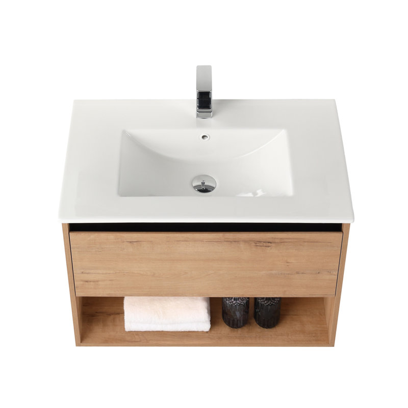 Meuble-lavabo flottant 30 po avec lavabo mural Khaleia, Blanc, Marron clair