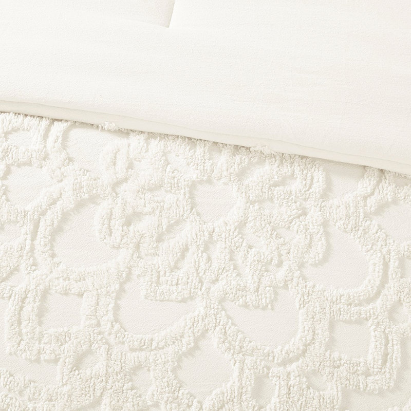 Édredon 3 médaillons en coton chenille, Édredon très grand + 2 taies décoratives, Blanc