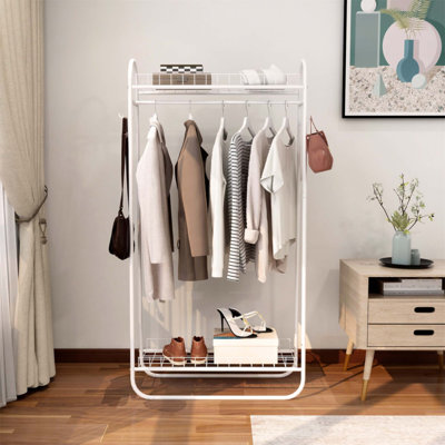 Heavy Duty Metal Rolling Clothes Rack with Double Shelves, Portable and Durable for Organized Storage