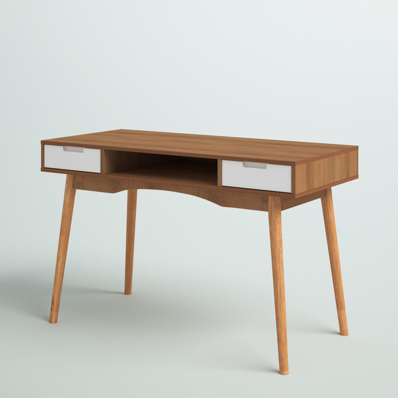 Aaron Two Drawer Mid-Century Modern Open Shelf Wooden Desk, Natural/White