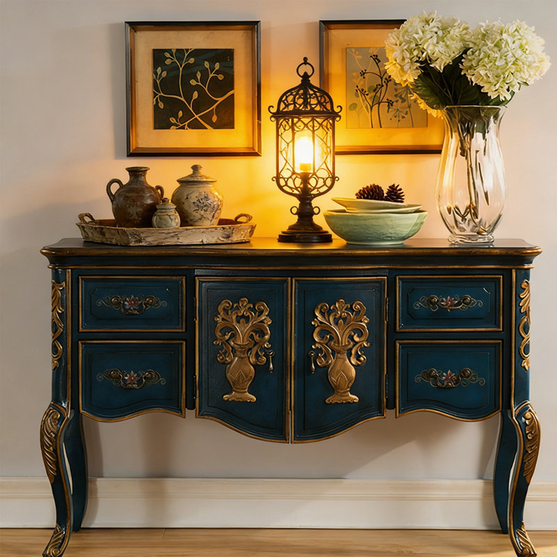 Armoire d'entrée multifonctionnelle de style américain, H 35,03 po x l 55,11 po x P 17,51 po, Blue/Gold