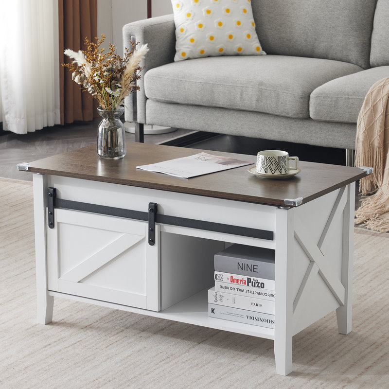 Table basse avec plateau relevable et rangement, Blanc, Bois brun foncé