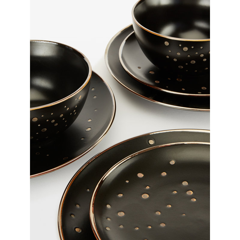 Waterside 12pc Ebony & Gold Stoneware Dinner Set