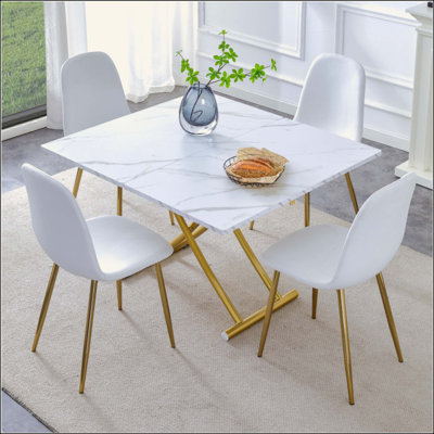 Modern Multifunctional Lifting Table And Chair Set, MDF Desktop, Metal Legs, Linen Fabric Chairs