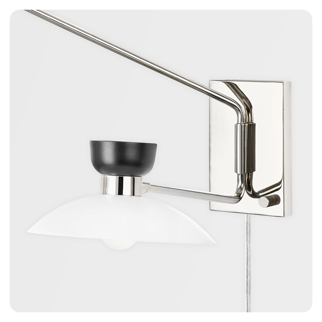 Viera 2 Light Glass Dimmable Plug-in Swing Arm Sconce, Polished Nickel