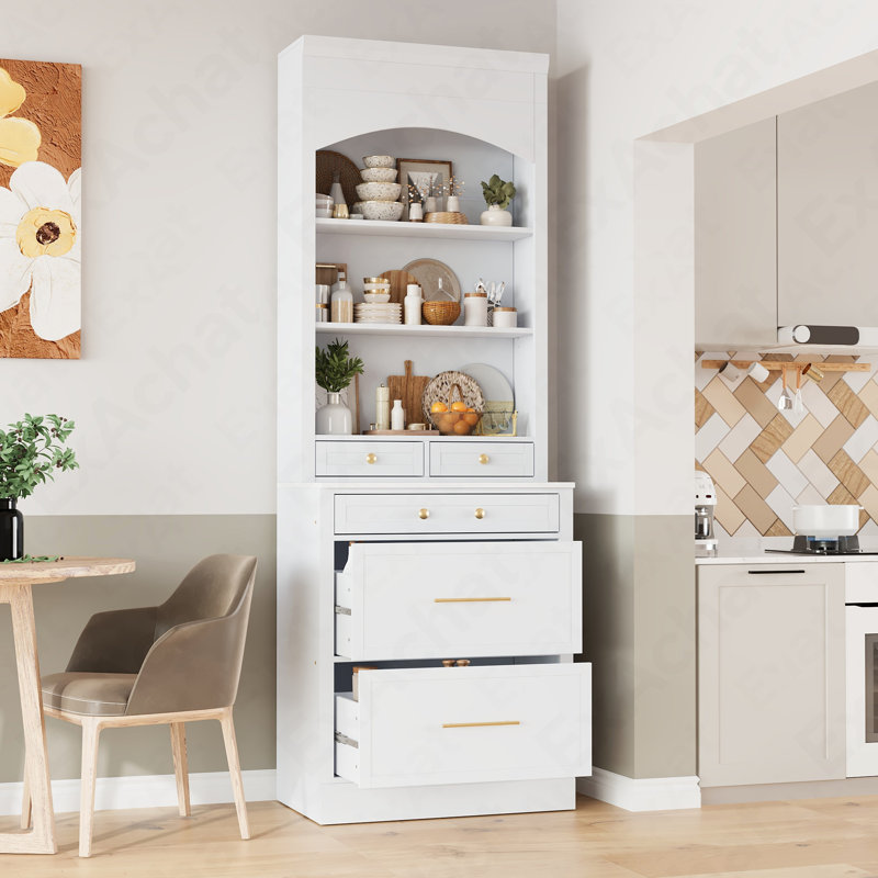 Freestanding Modern Kitchen Pantry - 83.7In High With Faux Marble Top & Multi-Storage, White