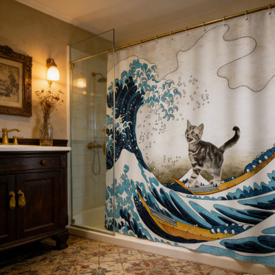 Funny Cat Shower Curtain, Waterproof Polyester Fabric Cute Animal Bathroom Curtain with 12 Hooks, 71 x 71 Inch, Playful Cat Print for Home Bathroom Decor