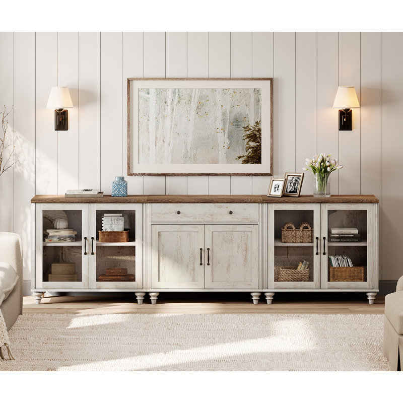 Sideboard Buffet Cabinets With 4 Glass Doors And A Drawer, Farmhouse Wood Large Sideboard Credenza For Dining Room, Modern Ample Storage Cabinet For Living Room, Rustic White, 102 Inch