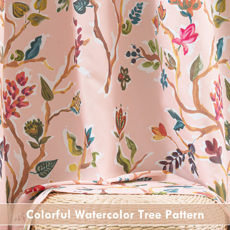 Lauren Watercolor Tree Pattern Energy Saving Thermal Insulated Blackout Lined Back Tab Rod Pocket Window Curtain 2 Panels for Living Room Bedroom
