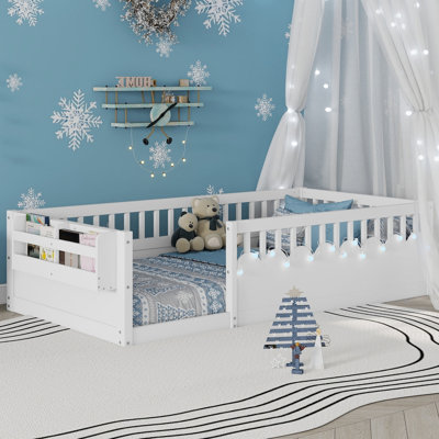 Twin Size Floor Bed with High Rails, Solid Wood Montessori Bed with Lights & Storage Shelf for Baby,Kids Bed Frame for Girls, Boys, Floor Bed Frame Without Slats,White