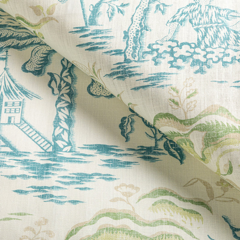 Manoir Valensole 100% Linen Fabric, Teal/Leaf