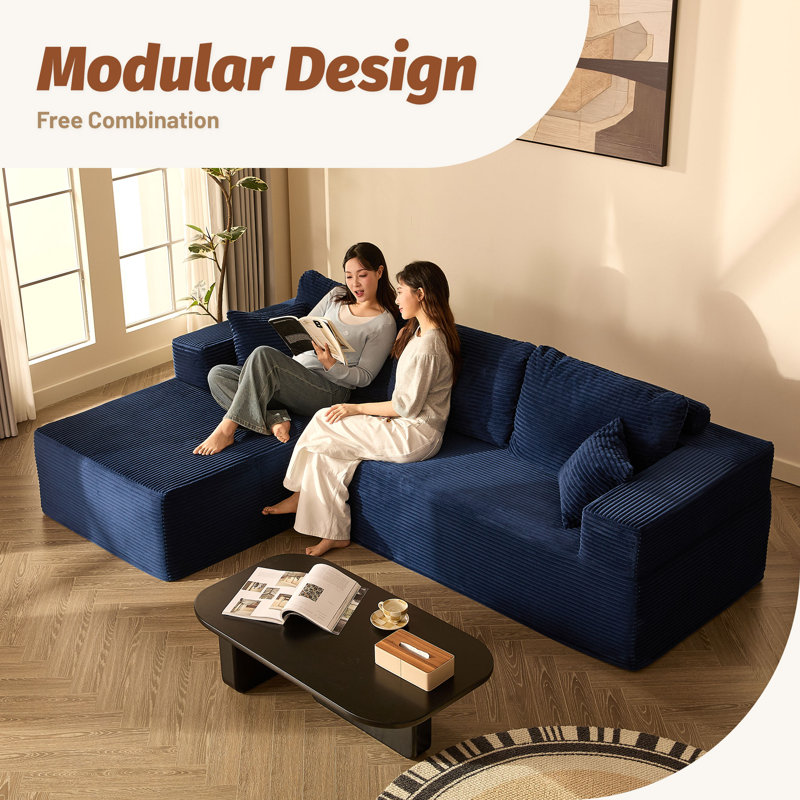 Corduroy Sofa, Blue, 272cm Left Chaise