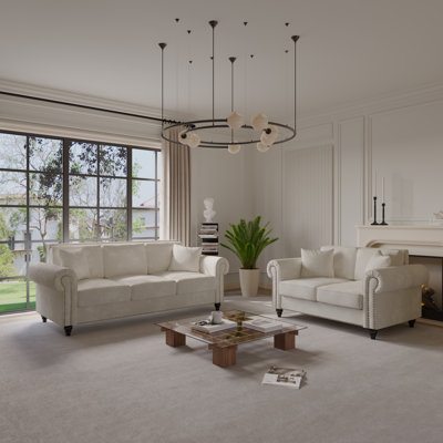2-piece Living Room Sofa Set, 3-seater Couch And 2-seater Loveseat With Rolled Arms, Chenille Upholstery, Nailhead Trim & Solid Wood Legs