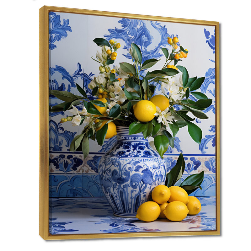 Carreaux grecs nature morte cuisine III - Boho Pottery, art mural, Cadre flottant doré, H 20 po x l 12 po x P 1 po