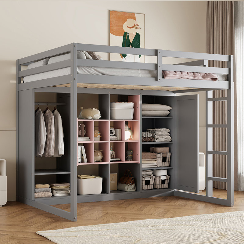 Wood Loft Bed With Wardrobe, Pink/Gray, Full