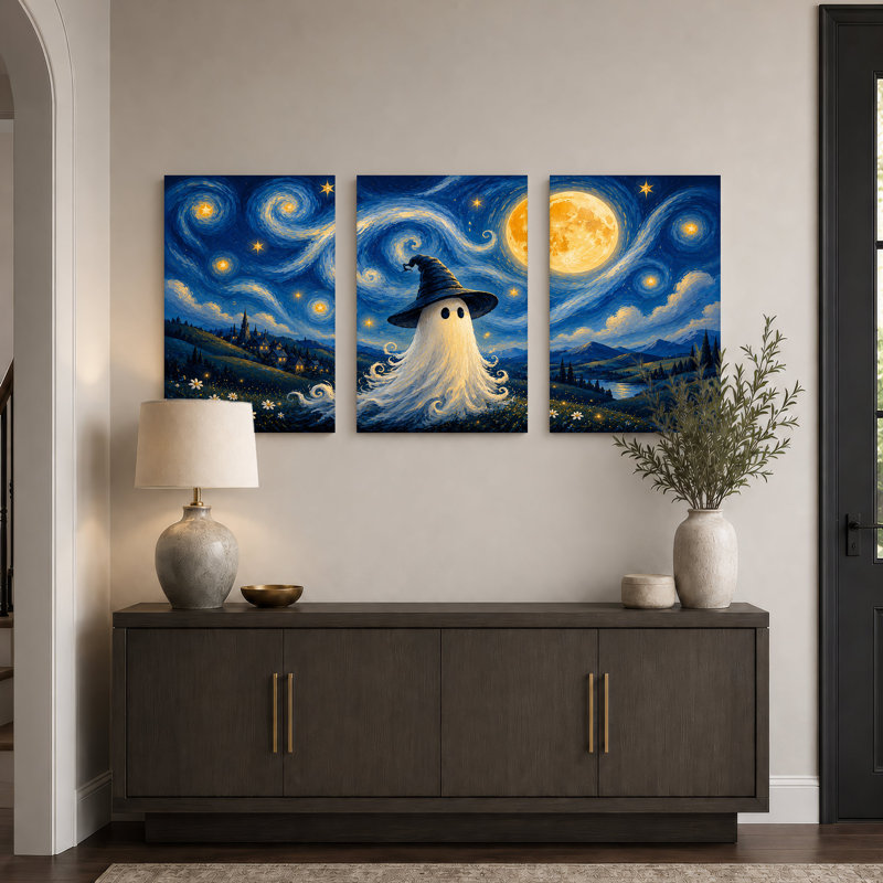"White Ghost Witch Hat Under Full Moon" Halloween, ensemble de 3 toiles murales, H 30 po x l 20 po x 3 pièces