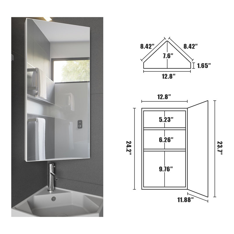 16" Corner Single Bathroom Vanity Set With Resin Sink Top, Corner Frameless Medicine Cabinet With Mirror