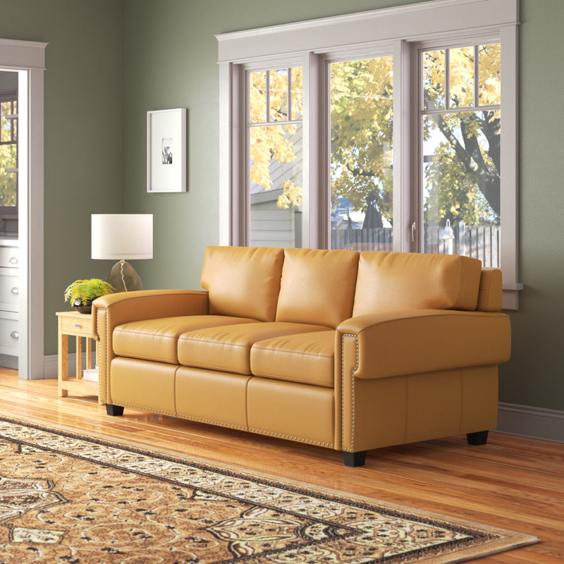  Fardin 87" Genuine Leather Square Arm Sofa, Tan Genuine Leather