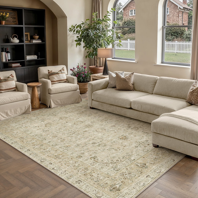 Sofia Vintage Washable Area Rug With Non-Slip Backing, Rectangle 5' x 7', Beige