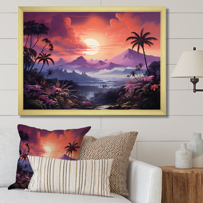 «Abstract Hawaii Palm Tree Sunset», reproduction sur toile, Encadrement doré, H 34 po x l 44 po x P 1,5 po