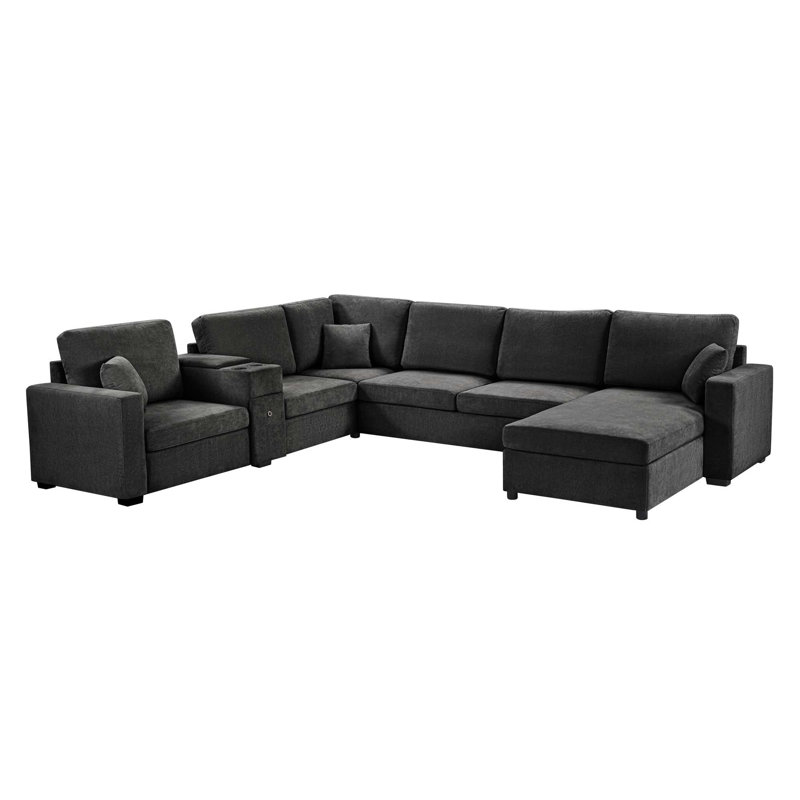 134" 5-Seat Modular U-Shaped Sectional Sofa With Deep Seats, Built-In Cup Holders, Storage Drawer & Pillows, Black