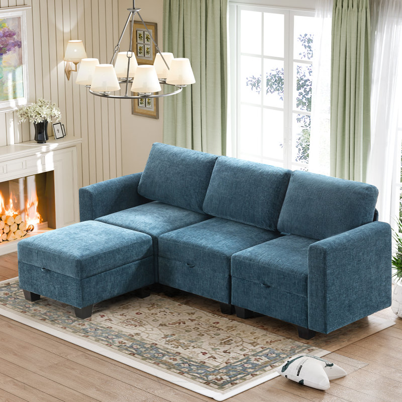 Canapé modulaire rembourré 4 pièces Ilyes, Chenille bleu