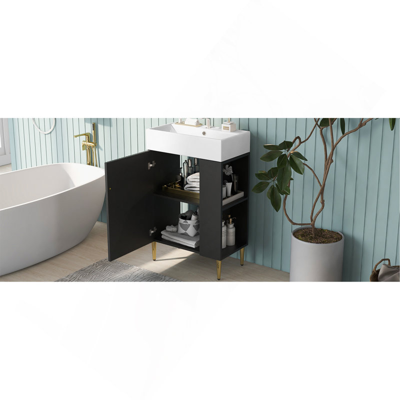 Meuble-lavabo noir 21,6 po, armoire combinée, meuble de rangement pour salle de bain, lavabo simple en céramique, rangement à droite