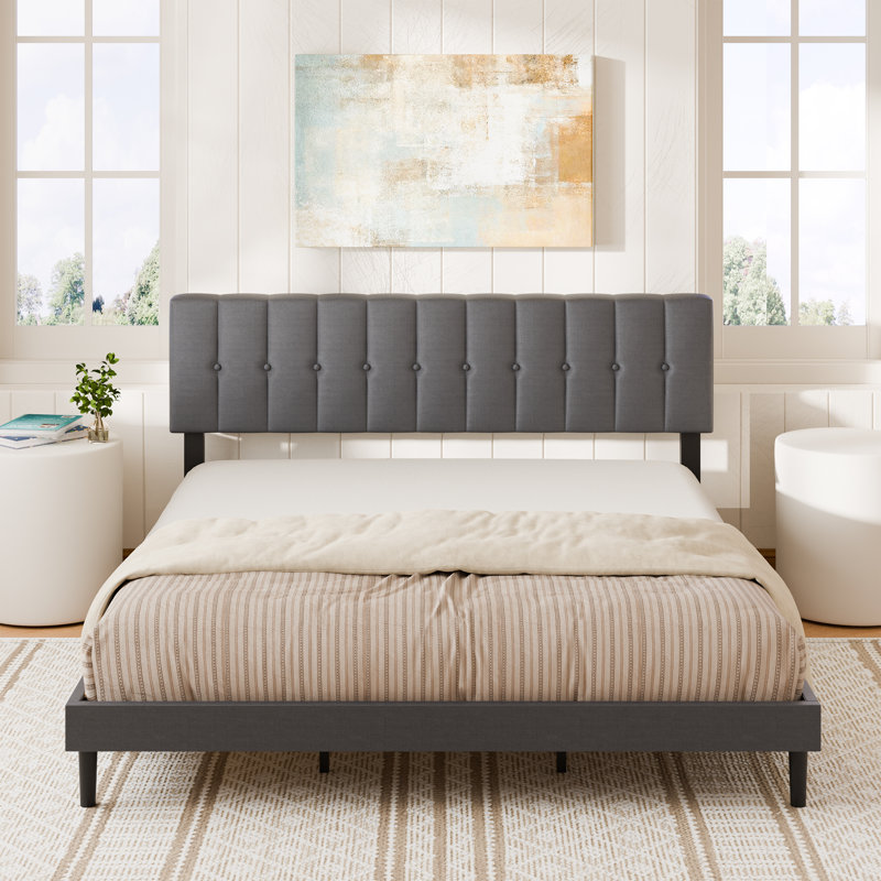 Upholstered Bed Frame with Adjustable Headboard, King
