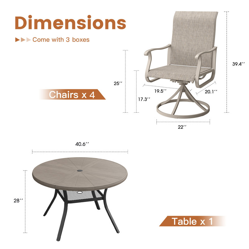 Ensemble de salle à manger en aluminium pour patio avec table de salle à manger ronde et 4 chaises de salle à manger pivotantes en textilène