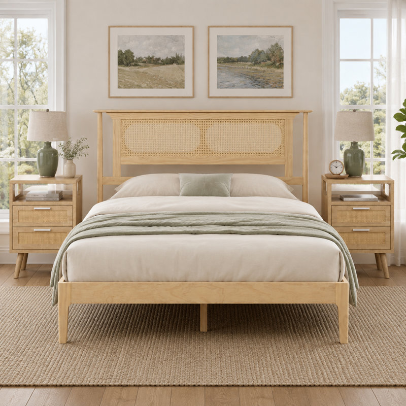 3-Piece Bedroom Set, Rattan Headboard Solid Wooden Bed with 2 Rattan Nightstands, Drawers & Open Shelf, Queen size